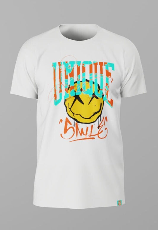 Unique Smile Graffiti Paint Dripping Smiley Face On White Tee Shirt - Customize Colors of Design. Direct to Film (Dtf)